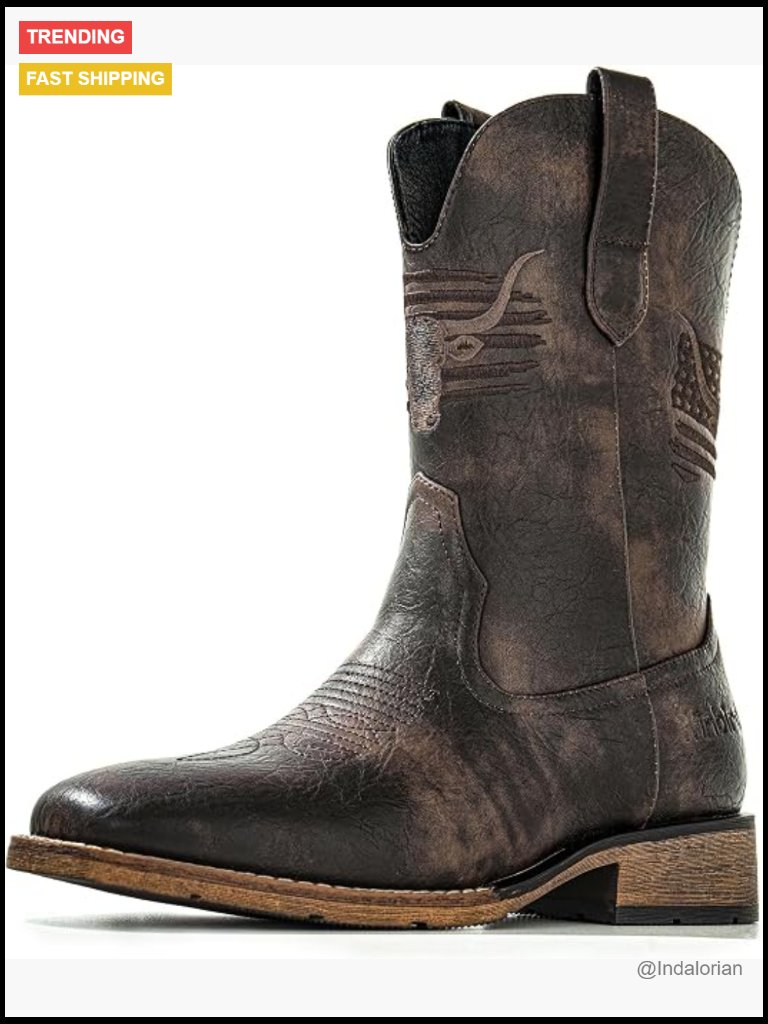 Vegan Leather Square Toe Cowboy Boots, Pull On Western Boots For Men,